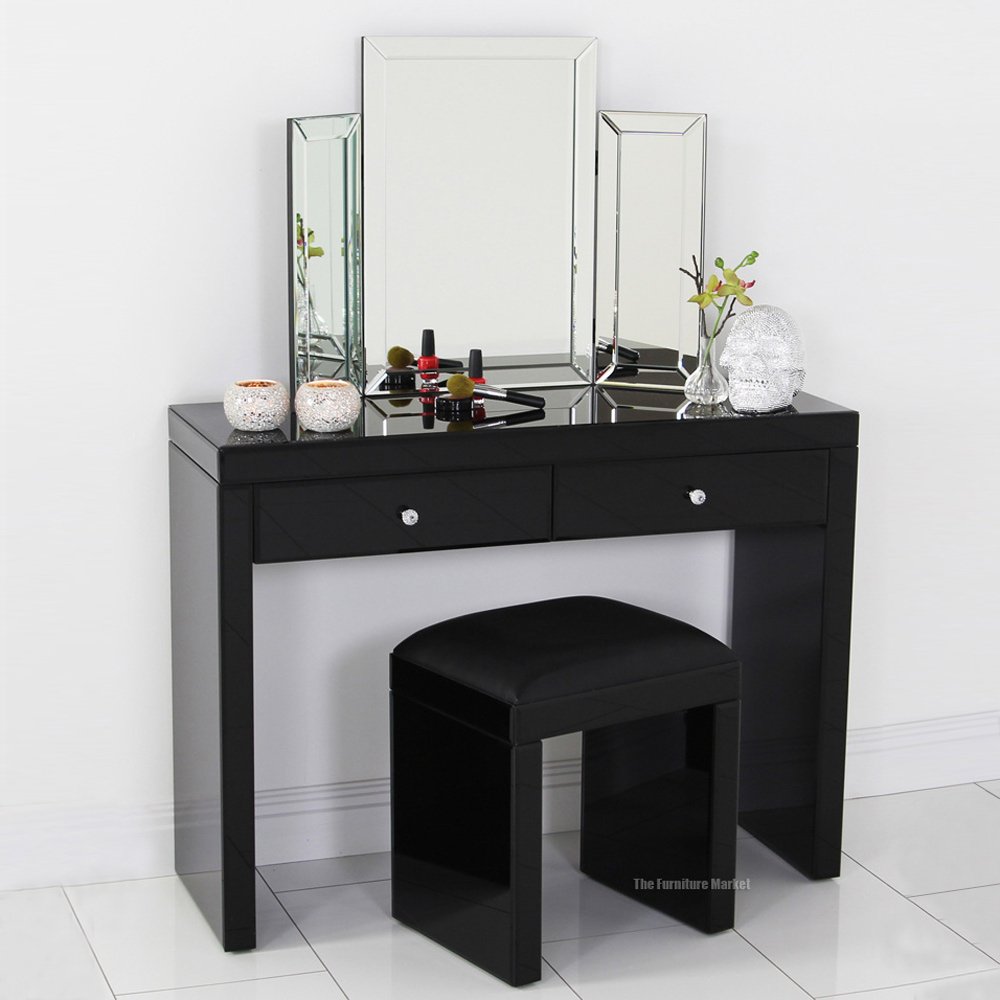 Mirrored Black Glass Dressing Table Set, Mirrored Glass Dressing Table