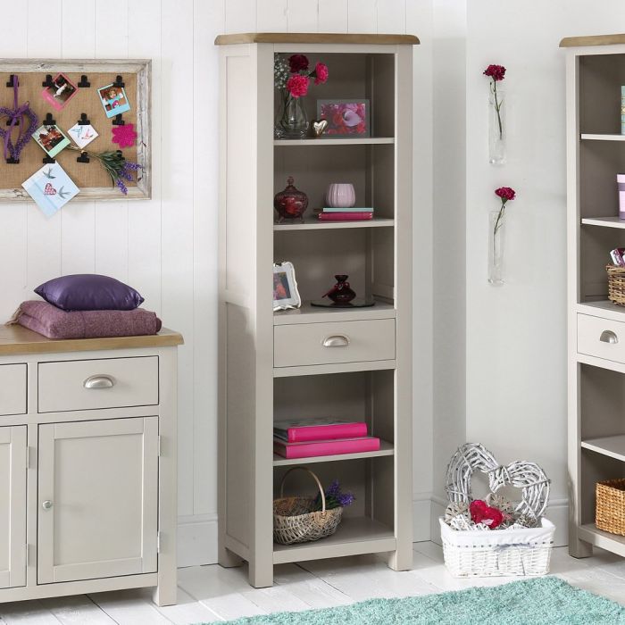 Chester Grey Painted Narrow Bookcase, Grey Narrow Bookcase With Drawers