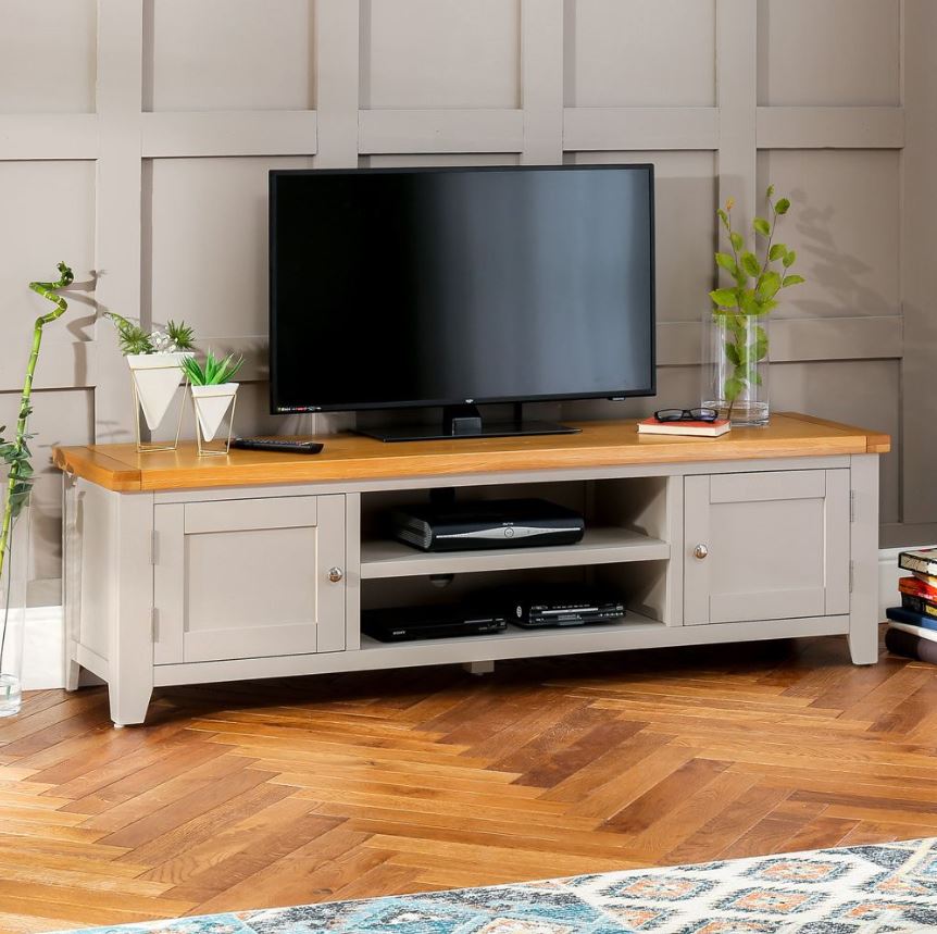 An Extra-Large TV Unit with Style: the Downton Grey Painted Large Widescreen TV Unit