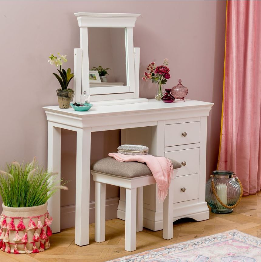 Practical and Stylish: Our Wilmslow White Single Pedestal Dressing Table Set with Mirror and Stool