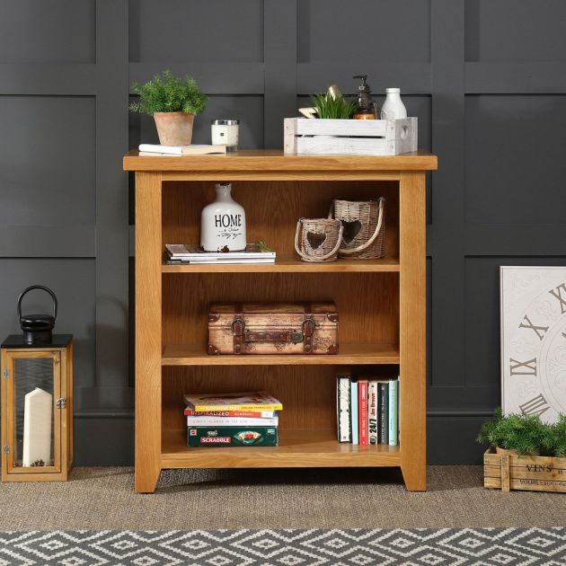 Low Compact Adjustable 2 Shelf Bookcase, Very Small Oak Bookcases
