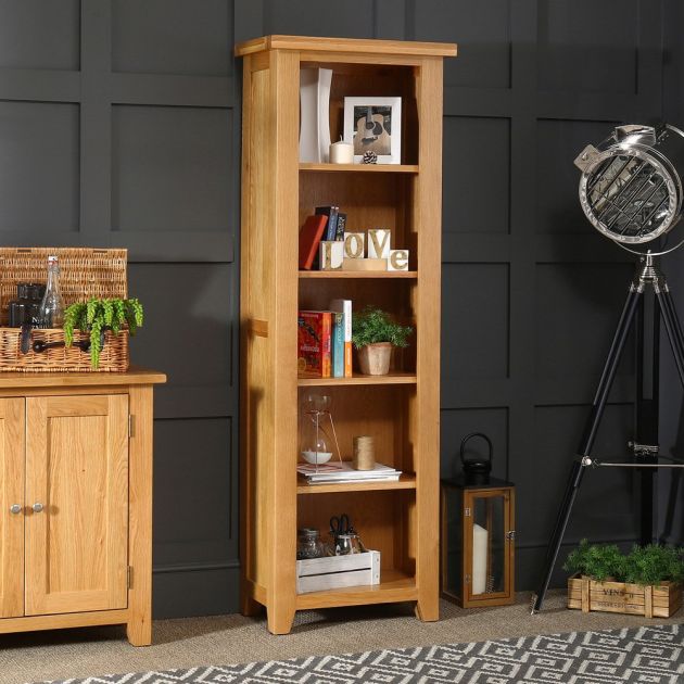 Cheshire Oak Tall Narrow Alcove, Tall Shallow Bookcase With Doors