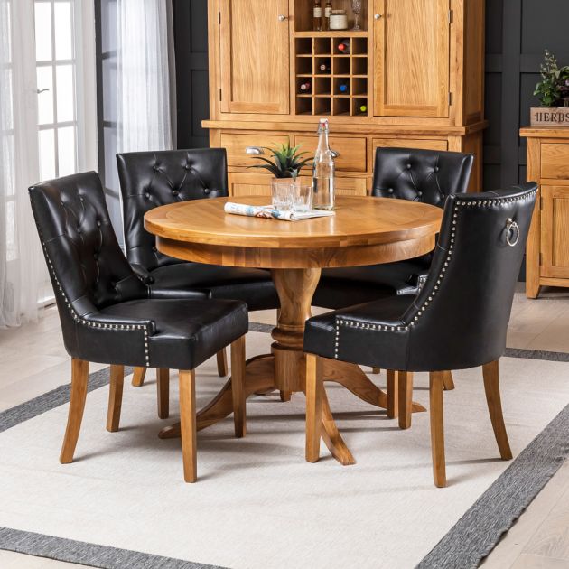 Solid Oak Round Dining Table And 4, Leather Top Round Dining Table