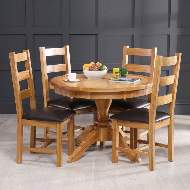 Solid Oak Round 4 Seater Dining Table, Solid Wood Round Dining Table And 4 Chairs