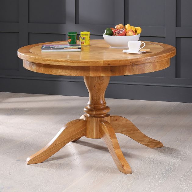 Solid Oak Round 4 Seater Dining Table, Rustic Oak Round Extending Dining Table