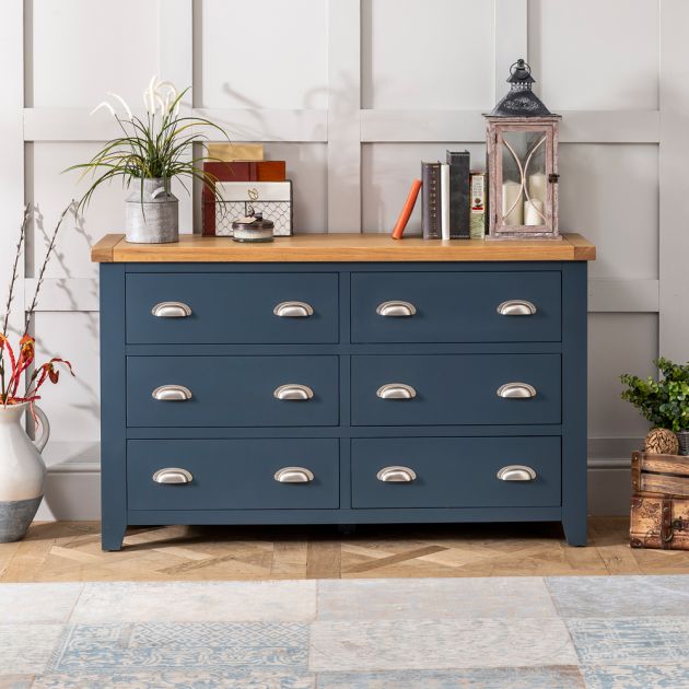 Westbury Blue Large Wide 6 Drawer Chest, Very Large Bedroom Dressers Chests
