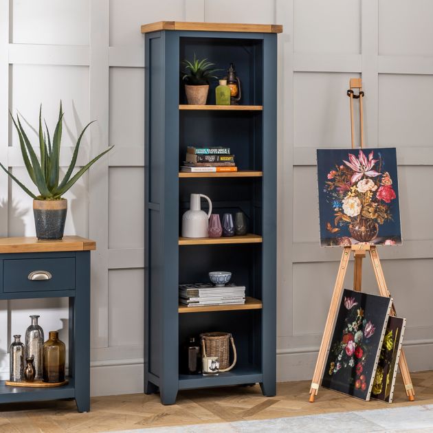 Westbury Blue Painted Tall Narrow, Tall Skinny Corner Bookcase