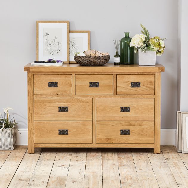 Hereford Oak Wide 3 Over 4 Drawer Chest, Large 4 Drawer Dresser