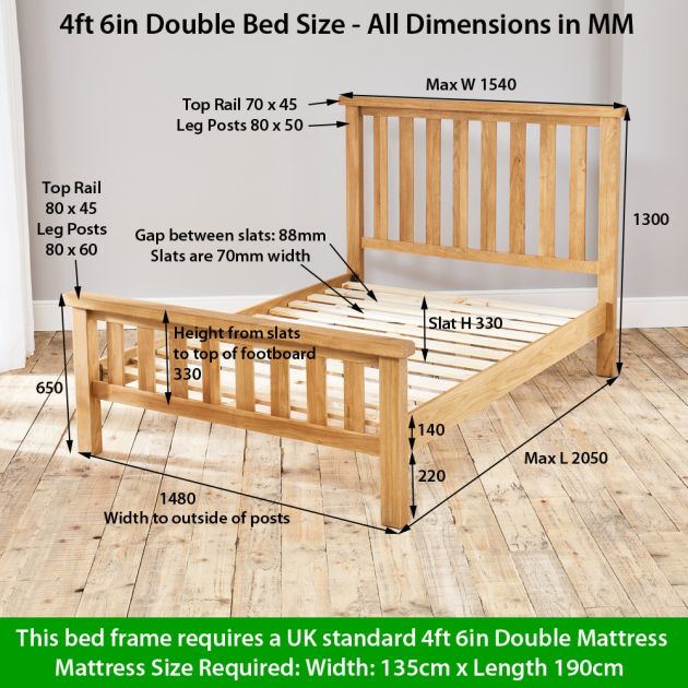 Hereford Rustic Oak 4ft 6in Double Size, Double Size Bed Frame Dimensions Uk