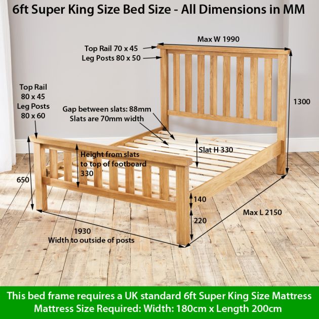 Hereford Rustic Oak 6ft Super King Size, Super King Size Bed Frame Dimensions Uk