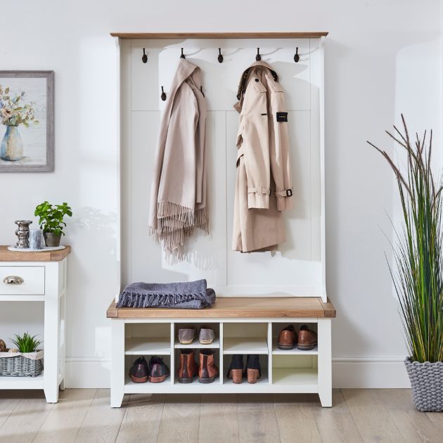 Cheshire White Painted Hallway Tidy Shoe Storage Bench with Coat Rack The Furniture Market