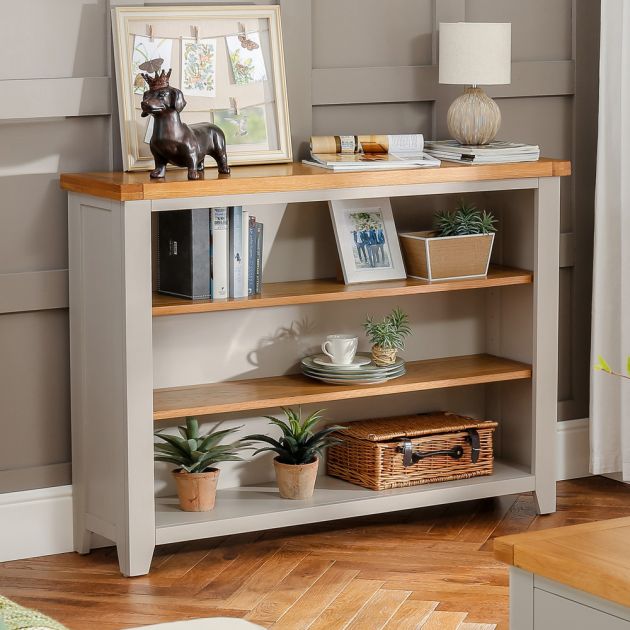 Downton Grey Painted Wide Low Bookcase, Grey Painted Oak Bookcase