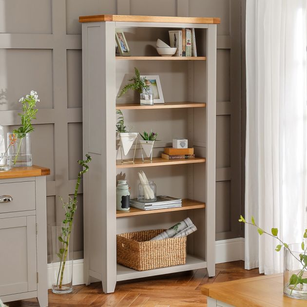 Downton Grey Painted Large Tall, Grey Narrow Bookcase With Drawers