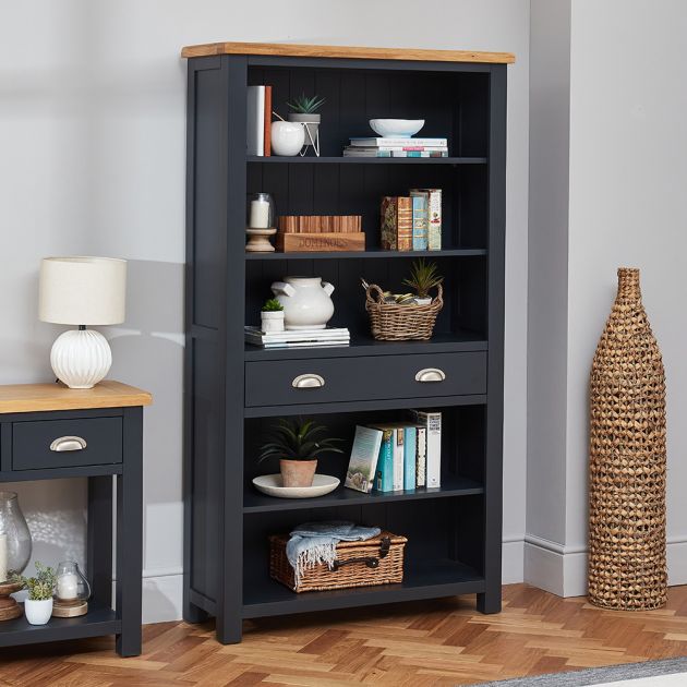 Cotswold Charcoal Grey Painted Tall Large Bookcase with Drawer The