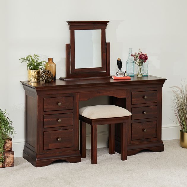French Hardwood Twin Pedestal Dressing, Cherry Wood Dressing Table Mirror