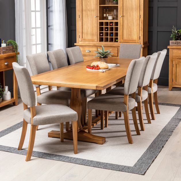 Solid Oak Refectory 2 4m Dining Table, Oak And Material Dining Chairs