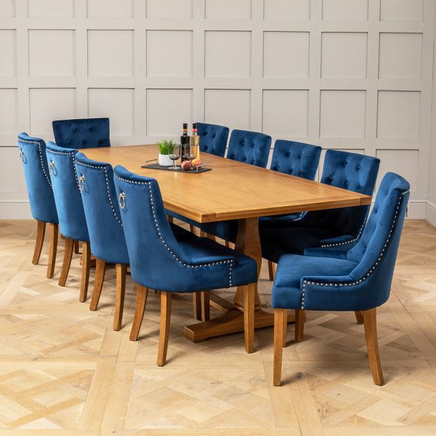 Solid Oak Refectory 2 4m Dining Table, Blue Velvet Dining Room Chairs Uk