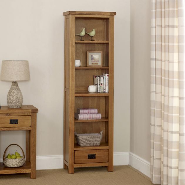 Rustic Oak Tall Narrow Alcove, Tall Narrow Bookcase With Drawers