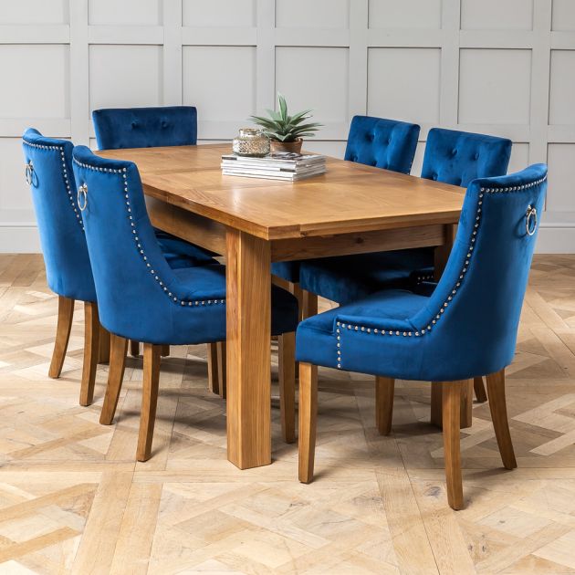 Solid Oak Medium Extending Dining Table, Blue Solid Wood Dining Chairs