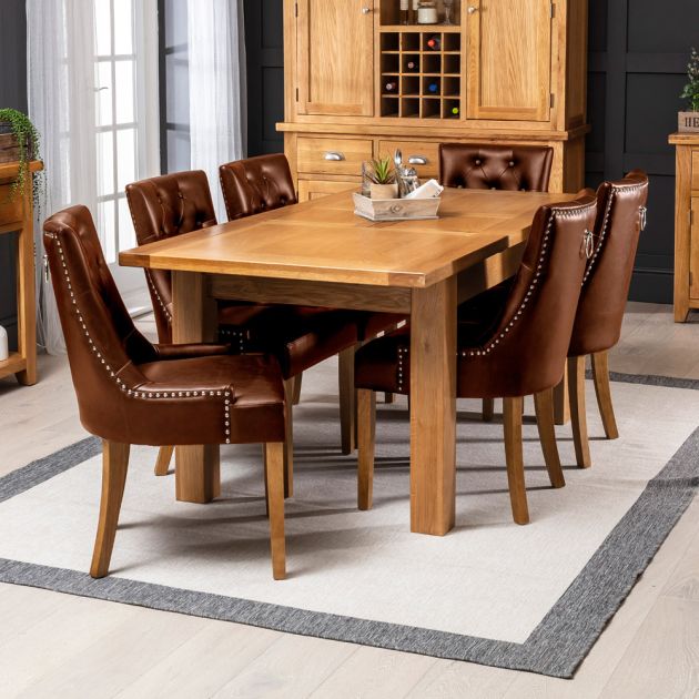 Solid Oak Medium Dining Table 6 X, Dining Room Sets With Brown Leather Chairs
