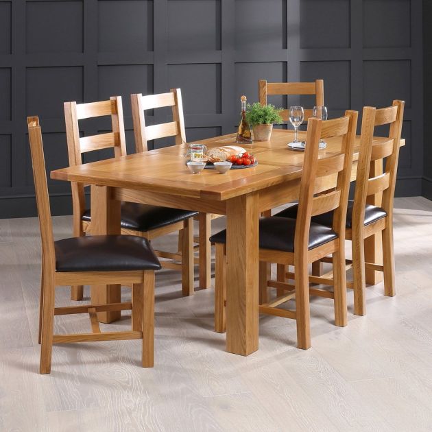 Solid Oak Medium Extending Dining Table, Solid Wooden Dining Room Chairs
