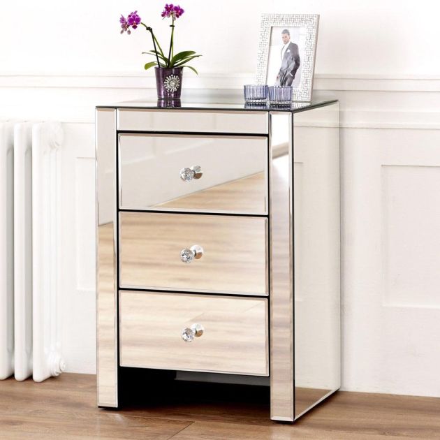 Venetian Mirrored 3 Drawer Bedside, Mirrored Side Table With Drawers