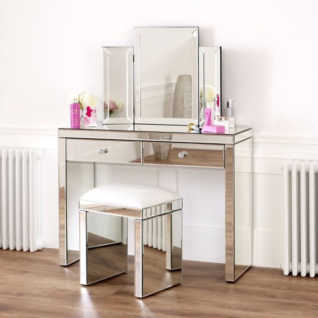 The Furniture Market Venetian Mirrored Dressing Table Set White Stool Mirror 