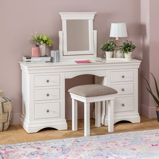 Wilmslow White Double Pedestal Dressing, Dressing Table With Mirrored Drawers