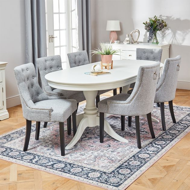 Wilmslow White Oval Dining Table With 6, White And Grey Dining Table Chairs Set