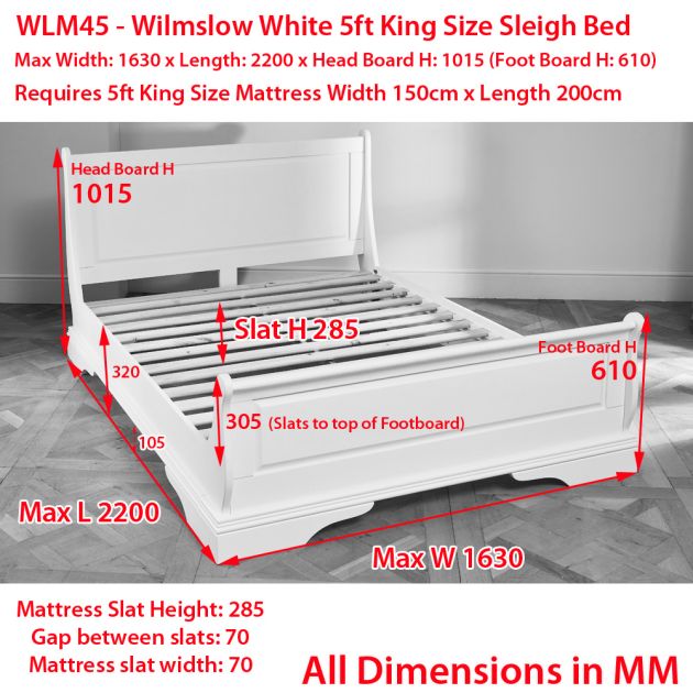 Wilmslow White Painted 5ft King Size, King Size Sleigh Bed Dimensions