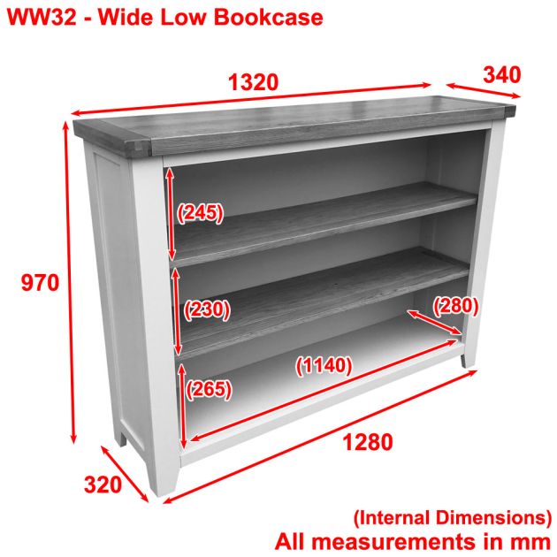 Low Bookcase With 2 Adjustable Shelves, Cream Small Bookcase