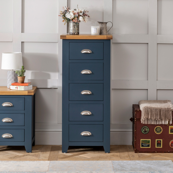 Westbury Blue Painted 5 Drawer Tallboy Wellington Chest of Drawers