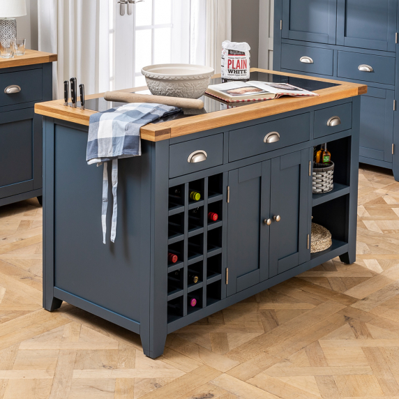 Westbury Blue Painted Large Kitchen Island with Black Granite Top