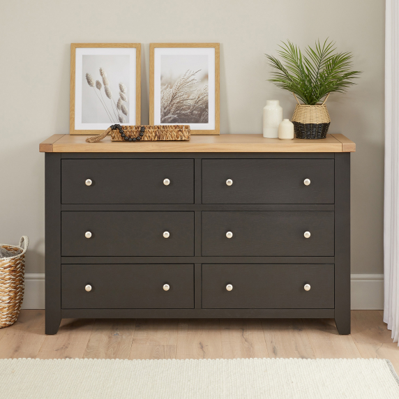 Cheshire Black Painted Oak Wide 6 Drawer Chest