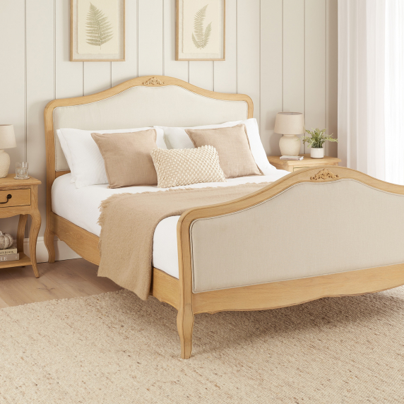 French Chateau Oak 4ft 6in Double Bed with Natural Linen Fabric