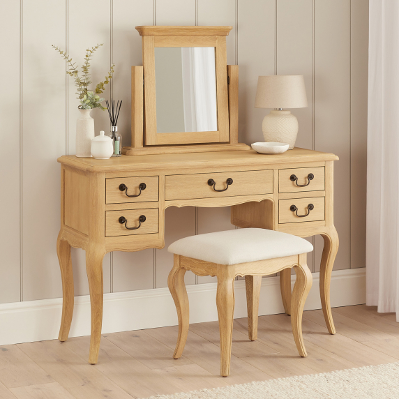 French Chateau Oak Dressing Table Set with Mirror and Stool