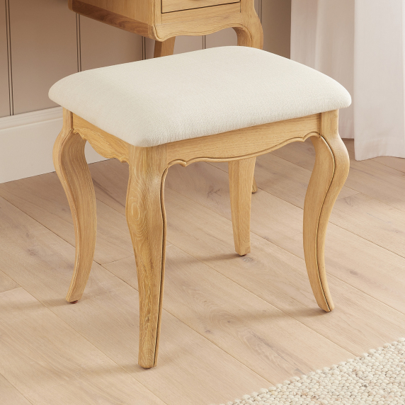 French Chateau Oak Dressing Tabe Stool with Natural Linen Fabric Seat