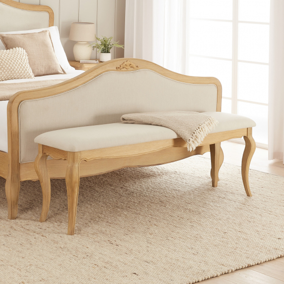 French Chateau Oak Large Bench with Natural Linen Fabric Seat