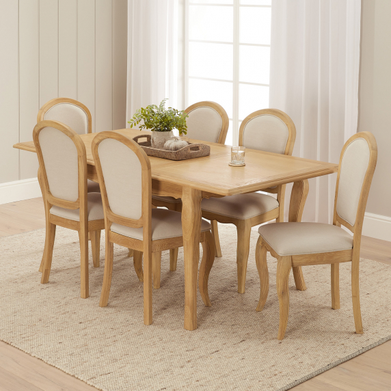 French Chateau Oak Extending Dining Table & 6 qty Linen Fabric Dining Chair Set