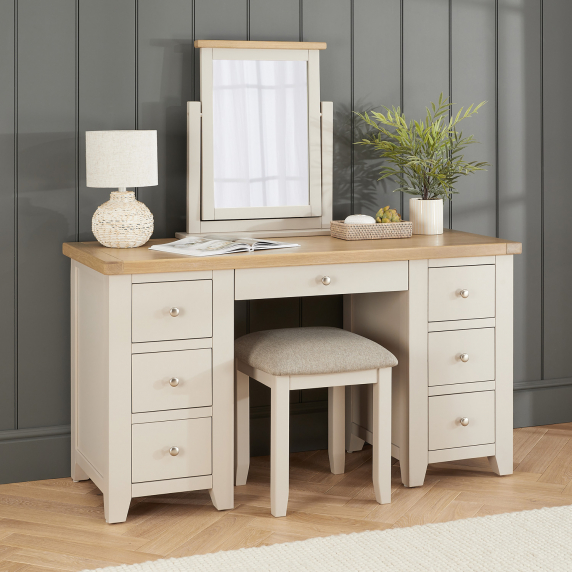 Cheshire Dove Grey Painted Twin Pedestal Dressing Table Set with Mirror & Stool