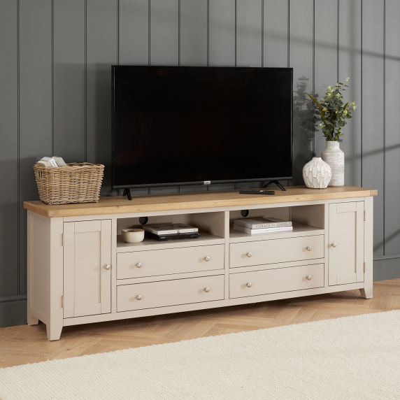 Cheshire Dove Grey Painted XXL Widescreen TV Unit Stand – Up to 100” TV Size 