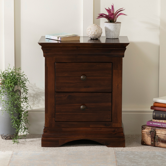 French Hardwood Mahogany Stained 2 Drawer Bedside Table
