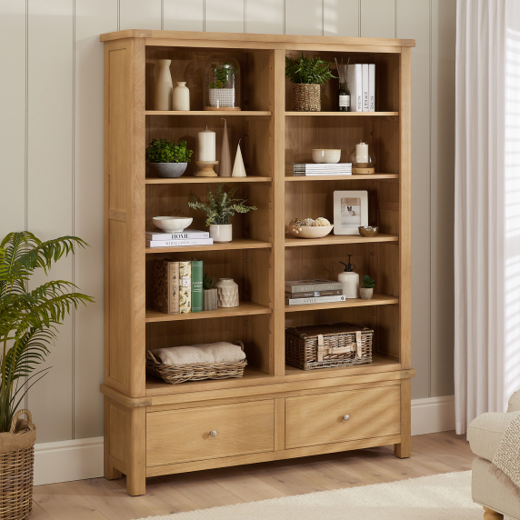 Marbury Oak Extra Large Grand Double Library Bookcase with 2 Drawers