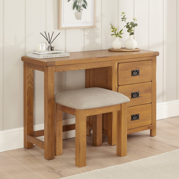 Rustic Oak Pedestal Dressing Table and Stool Set