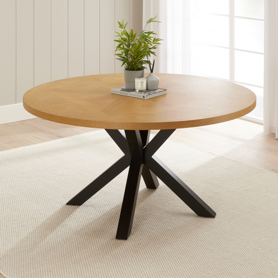 Industrial Parquet Natural Oak 150cm Round Dining Table with Black Starburst Legs – 6 to 8 Seater