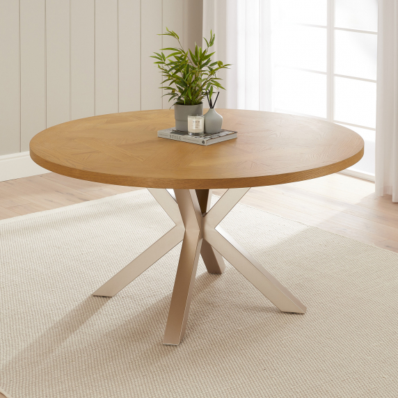 Industrial Parquet Natural Oak 150cm Round Dining Table with Grey Starburst Legs – 6 to 8 Seater