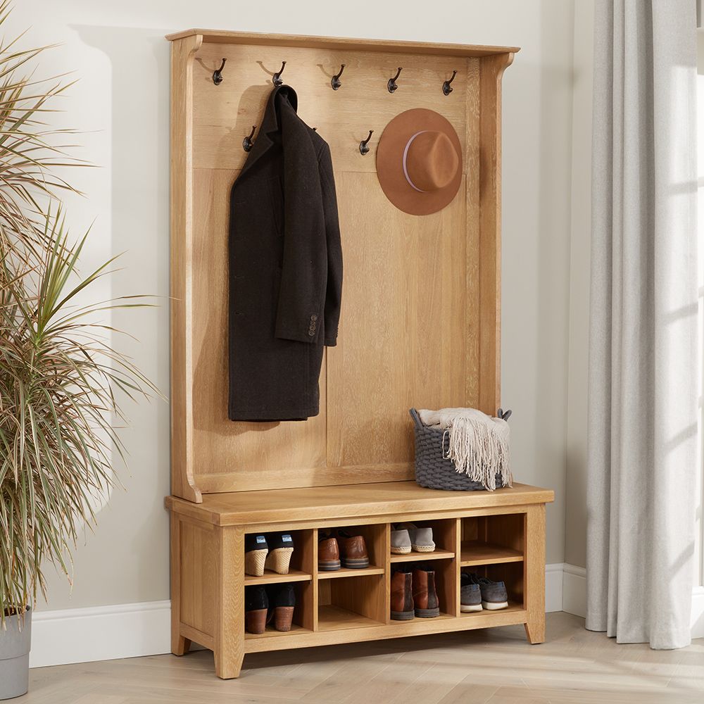 Cheshire Limed Oak Hallway Tidy Shoe Storage Bench with Coat Rack The