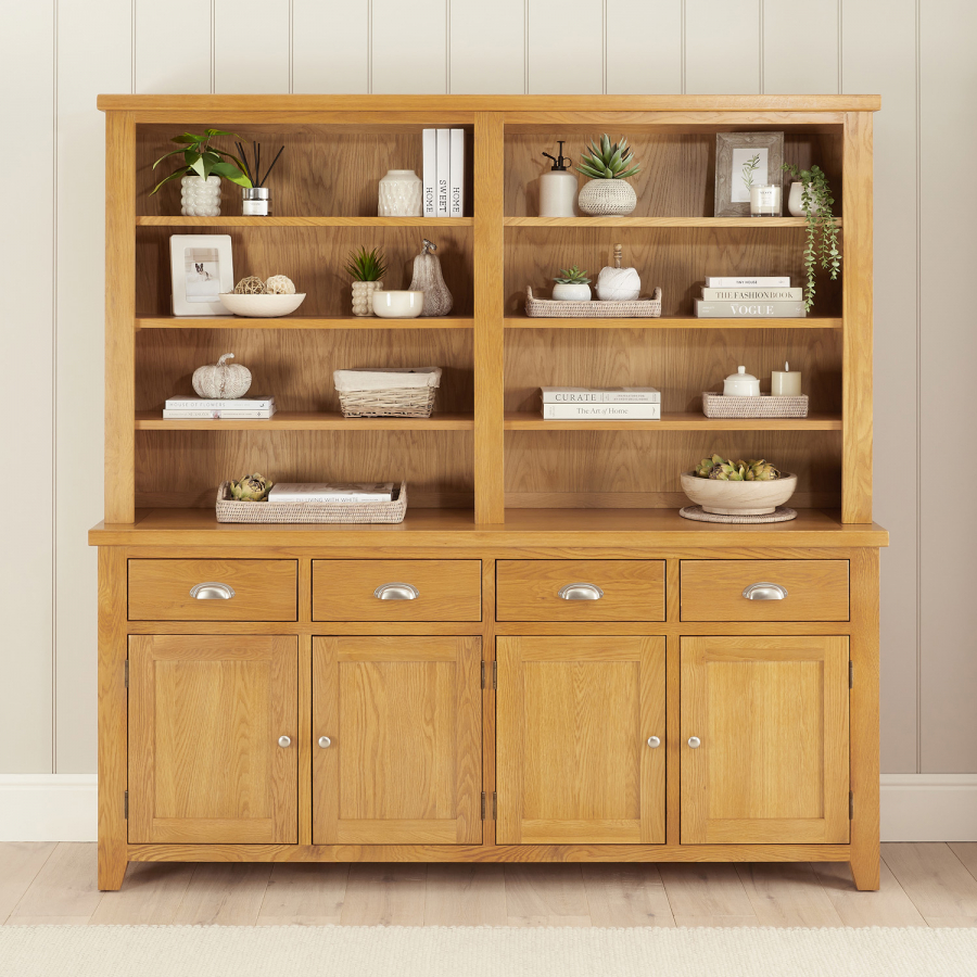 Cheshire Oak Extra Large 4 Door Sideboard with Grand Bookcase Dresser Top