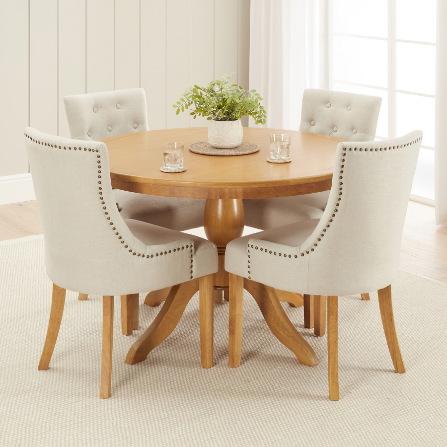 Cheshire Oak 1.2m Round Dining Table and 4 Linen Fabric Dining Chair Set