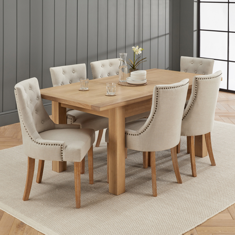 Cheshire Whitewash Oak Extending Dining Table & 6 Natural Fabric Scoop Dining Chair Set